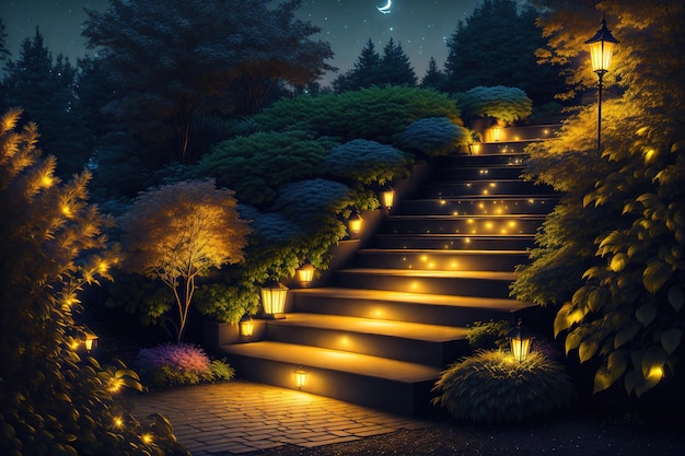 Escadas à noite com luzes, árvores e jardim