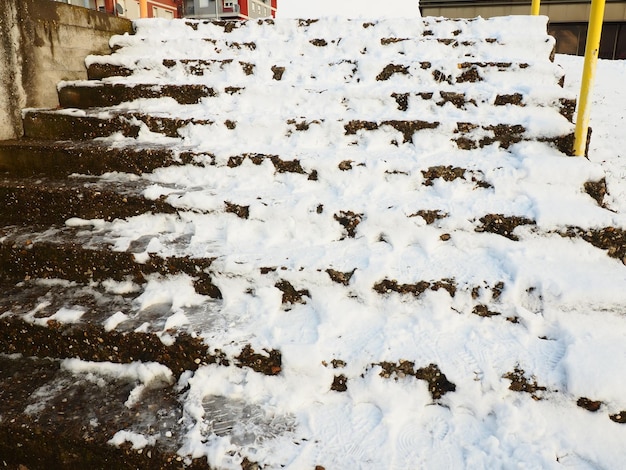 Escadas cobertas de neve Degraus escorregadios perigosos Serviços públicos ruins Neve de gelo e deriva nas escadas Consequências de uma nevasca