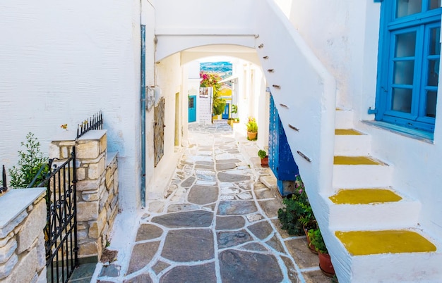 Escadas coloridas na rua estreita da vila de Lefkes