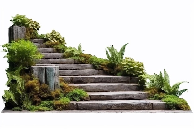 Escadas cortadas feitas de grandes degraus de pedra Escada alinhada com plantas verdes para paisagismo ou design de jardim Escadas de rocha isoladas em fundo branco IA generativa