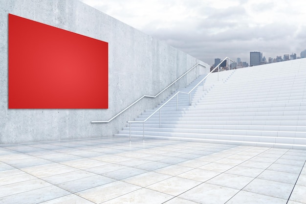Escadas de concreto com quadro de avisos vermelho