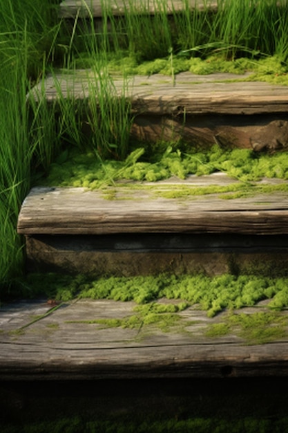 Escadas de madeira em um jardim japonês com grama verde e flores