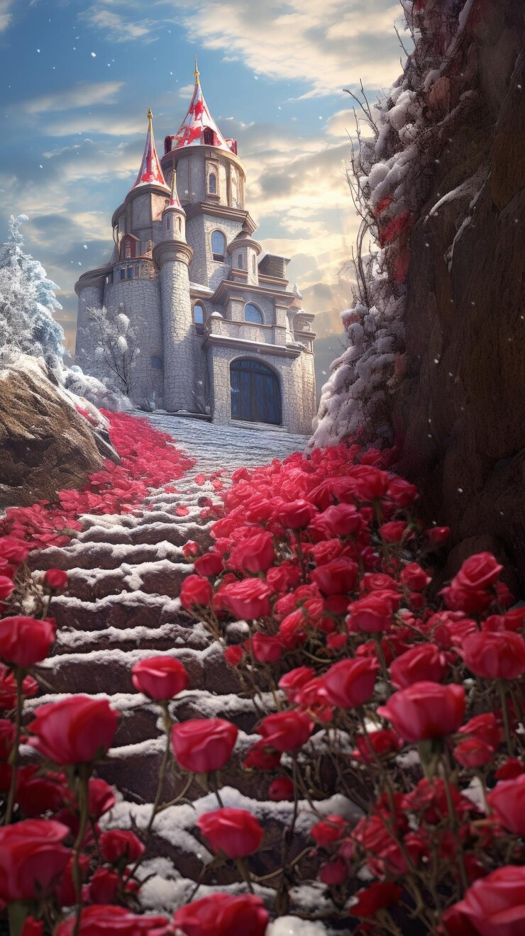 Foto escadas de pedra cobertas de neve levam a um grande castelo cercado de rosas vermelhas em flor