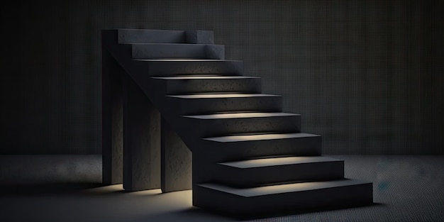Escadas de pedra misteriosas com degraus de luz abstratos no escuro