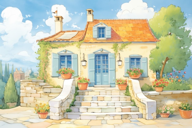 Foto escadas de pedra que levam a uma encantadora casa de campo francesa ilustração de estilo de revista