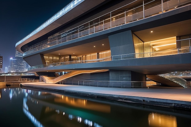 Foto escadas de ponte de arquitetura moderna com reflexão de longa exposição noturna