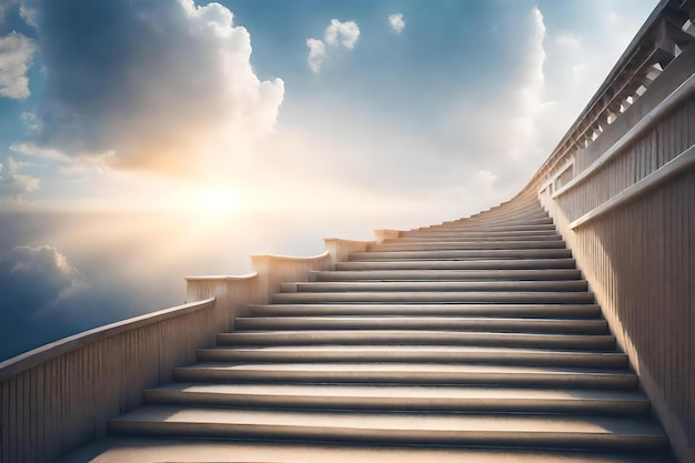 Escadas para o céu com nuvens e fundo do céu