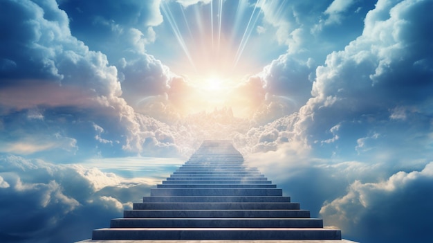 Escadas para o céu subindo para o céu luz brilhante da porta do céu Arte conceitual Luz épica