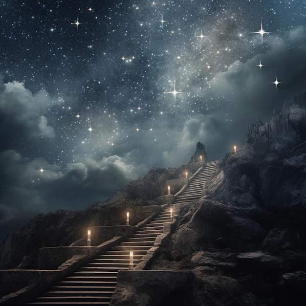 Foto escadas que levam a uma montanha com um céu cheio de estrelas ia generativa
