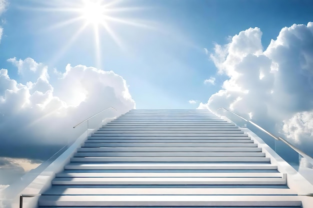 Escadas que levam ao céu com nuvens e sol