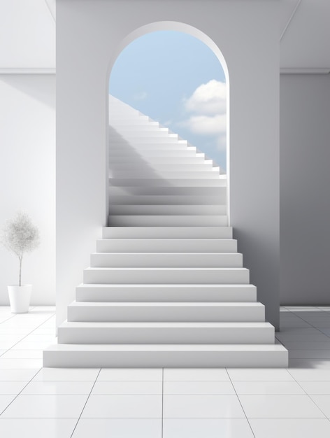 Escadas subindo graciosamente sobre um fundo branco puro