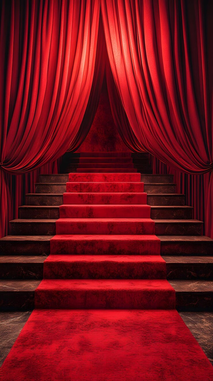 Escala de alfombra roja bajo cortinas carmesí