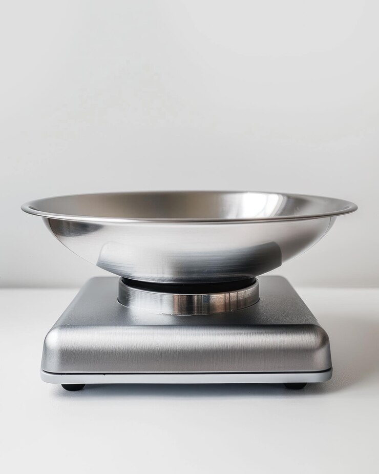 Foto escala de cozinha digital de prata branca em fundo branco para assar e cozinhar
