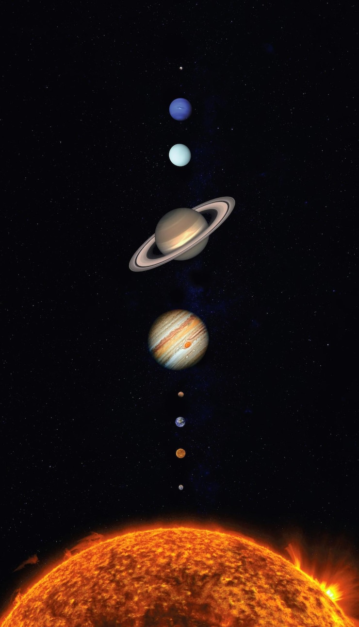 Foto escala do sistema solar sol mercúrio vênus lua terra marte júpiter saturno urano netuno plutão elementos desta imagem fornecidos pela nasa