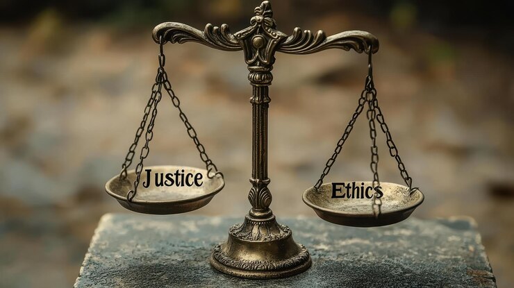 Escala equilibrada con justicia y ética grabadas que significan equidad Copiar espacio para el texto
