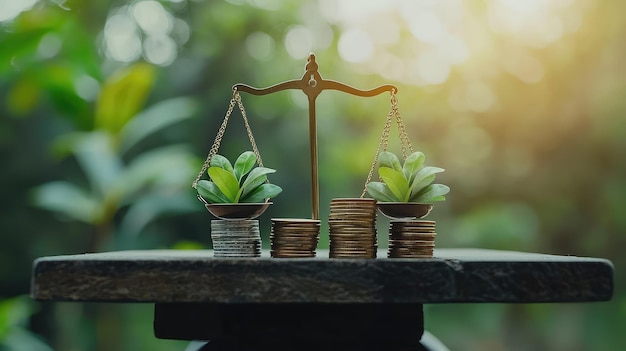 Escala de equilibrio creativa con dinero y plantas