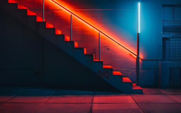 Foto escala con luz de neón roja por la noche en la ciudad