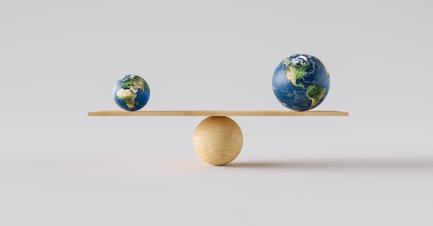 Foto escala de madera que equilibra la bola de tierra grande y la bola de tierra pequeña. concepto de armonía y equilibrio.