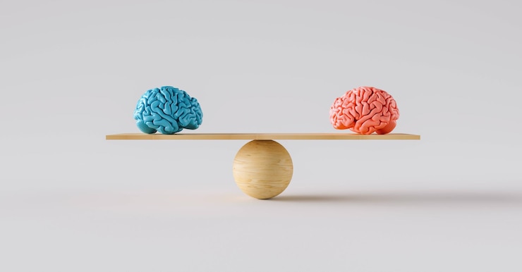 Foto escala de madera que equilibra el cerebro de una mujer y el cerebro de un hombre.