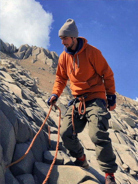 Escalada de montaña con una vista lateral de cuerda