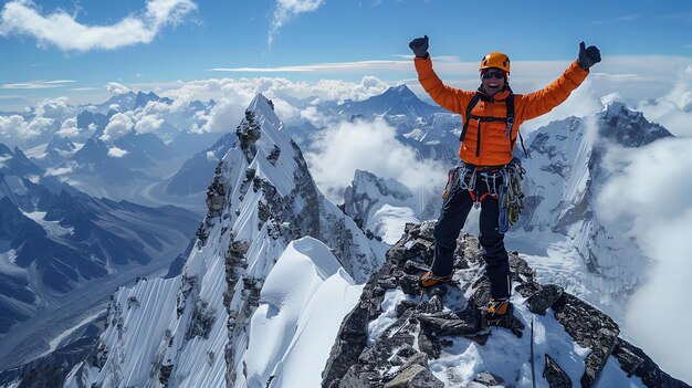 Un escalador alcanza la cima de un pico nevado y celebra con los brazos levantados en triunfo