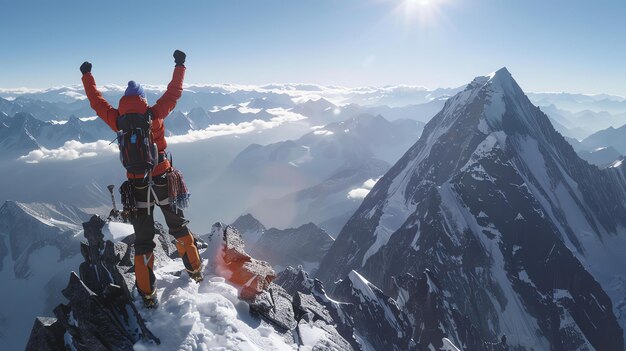 Un escalador alcanza la cima de un pico nevado y celebra con los brazos levantados en triunfo