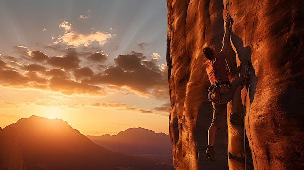 Un escalador alcanzando la cumbre con una pintoresca puesta de sol