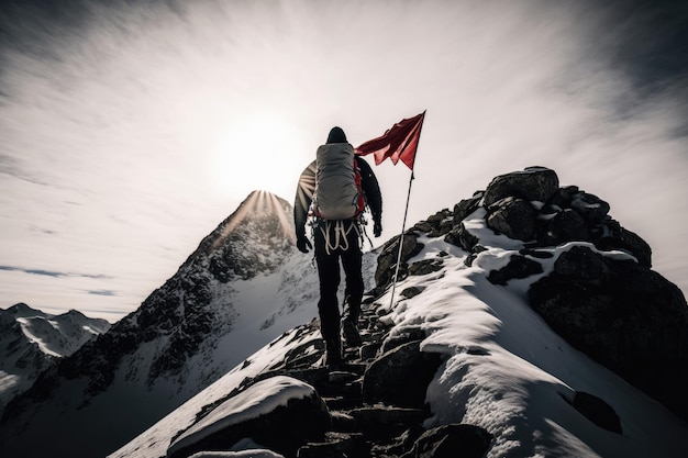 Foto el escalador asciende a la cima de la montaña con una bandera. generador de ilustraciones ai.