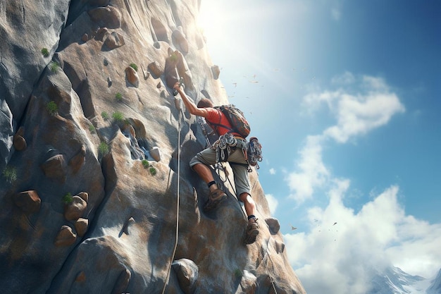 un escalador escalando una pared de roca con una mochila en la espalda.