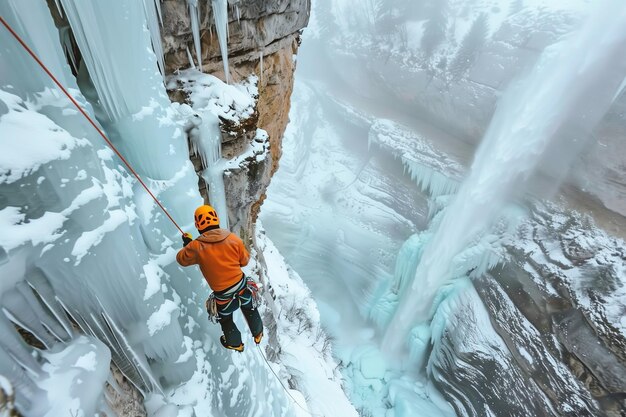 Foto un escalador de hielo desciende en rappel por una cascada congelada rodeado de niebla invernal generada por la ia