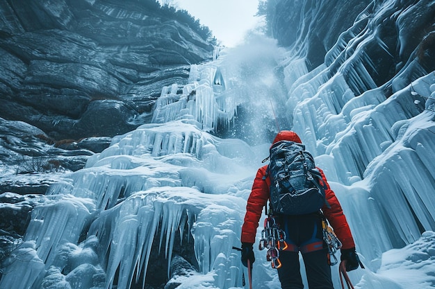 Un escalador de hielo subiendo a una cascada congelada