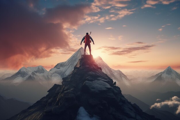 Un escalador de montaña alcanzando una cumbre con el Generative ai