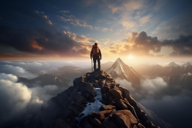 Un escalador de montaña alcanzando una cumbre con el Generative ai