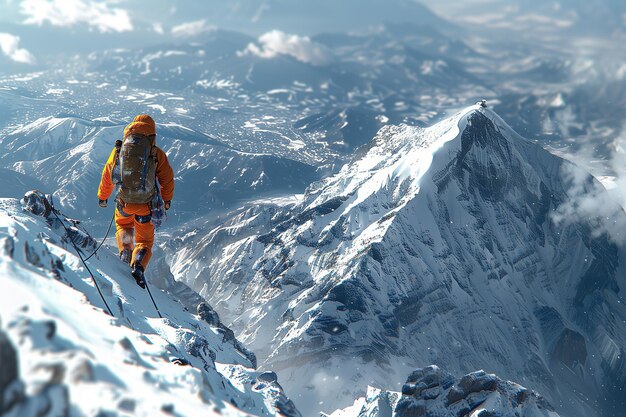 El escalador de montaña lleva un traje amarillo.