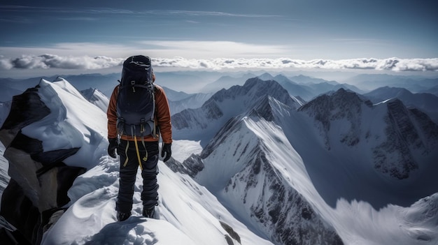 Escalador en montañas nevadas