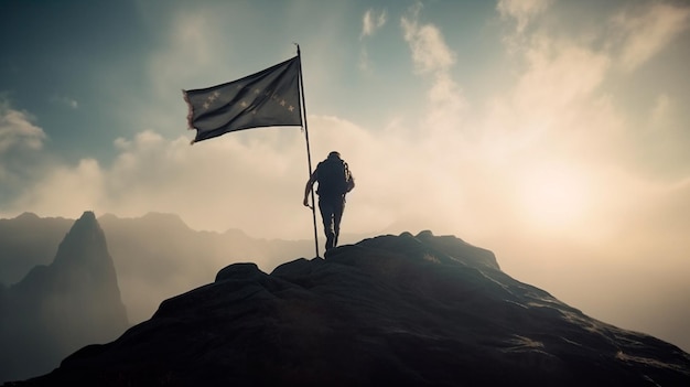 Escalador pone una bandera en la cima de una montaña IA generativa