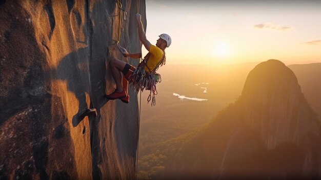 Foto escalador profesional conquista un ascenso desafiante mostrando fuerza agilidad y determinación en el mundo vertical escalada en roca y deportes extremos