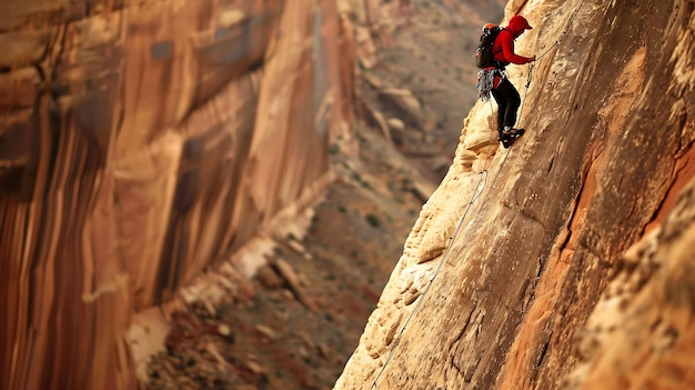 Un escalador de roca escala un acantilado escarpado El escalador lleva una chaqueta roja y pantalones negros La roca es bronceada y tiene algunas grietas