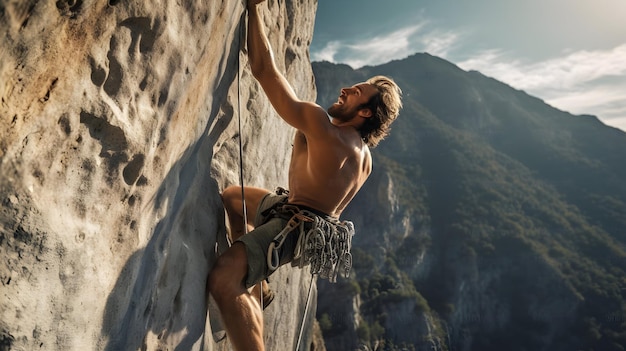 Un escalador de roca escalando un acantilado escarpado