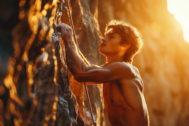 Un escalador de roca masculino en un esfuerzo enfocado para alcanzar un agarre con el sol de la hora de oro arrojando un cálido