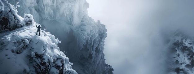 Un escalador solitario sube al borde de una montaña nevada