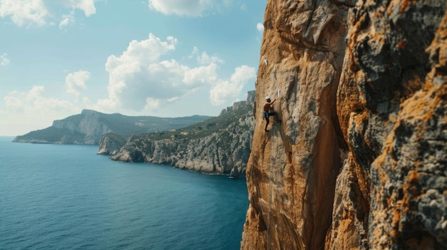 Un escalador sube a un acantilado empinado con una majestuosa vista montañosa