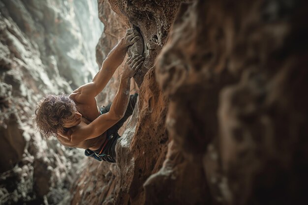 un escalador sube una montaña sosteniendo las repisas con sus manos vista superior