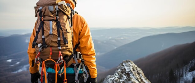 Foto un escalador sube una montaña con todo el equipo panorama de la naturaleza