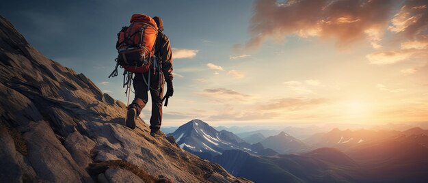 Foto un escalador sube una montaña con todo el equipo panorama de la naturaleza