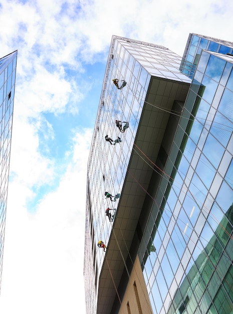 Los escaladores industriales están lavando vidrio en la fachada de un rascacielos en el distrito financiero