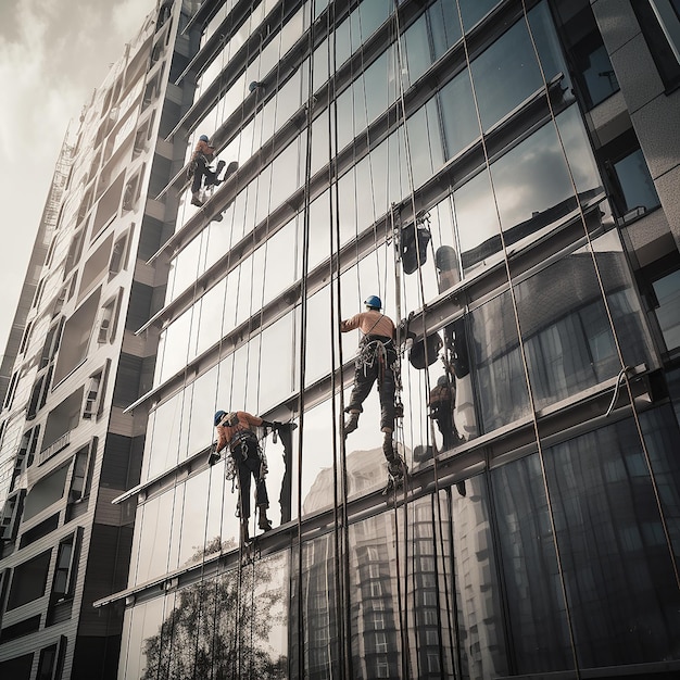 Foto los escaladores industriales lavan las ventanas en un trabajo de construcción de espejos de gran altura en altura