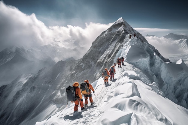 Escaladores en una montaña con las palabras everest en la cima