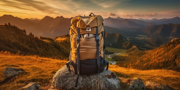 escaladores de montaña turistas mochila colocada en lo alto de las rocas concepto de deporte y vida activa