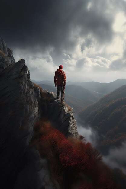 Escalar las majestuosas alturas Una aventura de escalador en medio de nubes y montañas altísimas